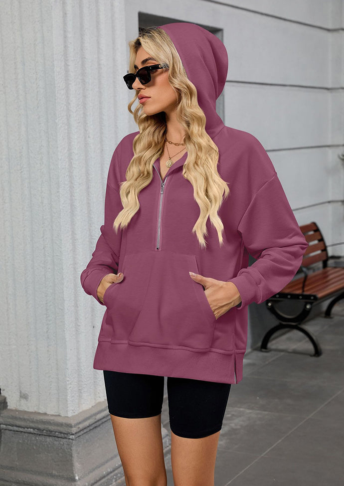 Half Zip Size Split Hoodie with Front Pocket