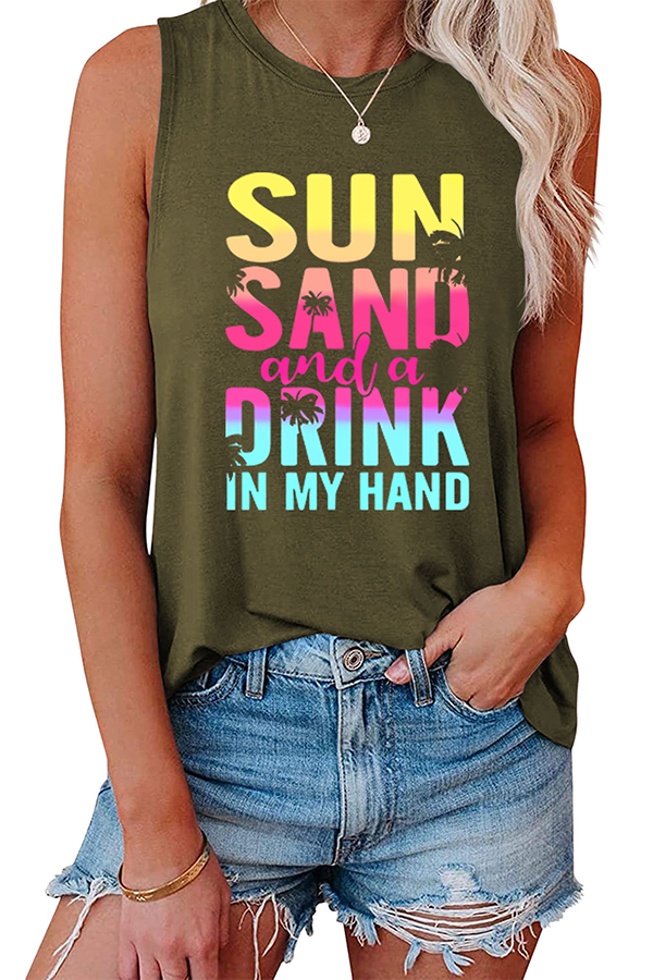 Sun Sand and A Drink Graphic Tank Top Army green - Tops from Cindelily