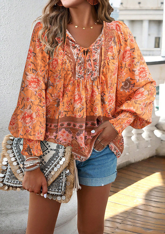 Tie Detail Smocked Cuff Boho Blouse