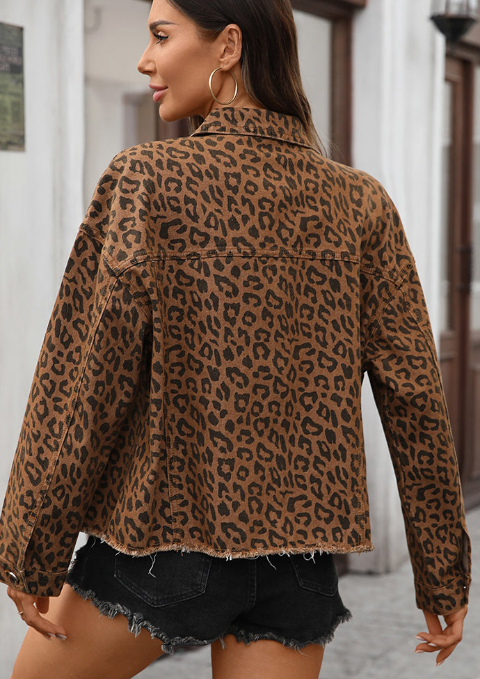 Leopard Print Raw Hem Denim Casual Jacket