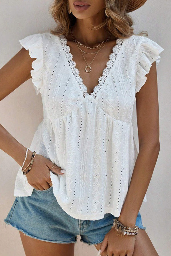 Ruffled V-Neck Eyelet Lace Blouse - Blouses & Shirts from Cindelily