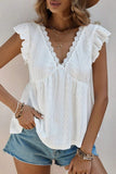 Ruffled V-Neck Eyelet Lace Blouse - Blouses & Shirts from Cindelily