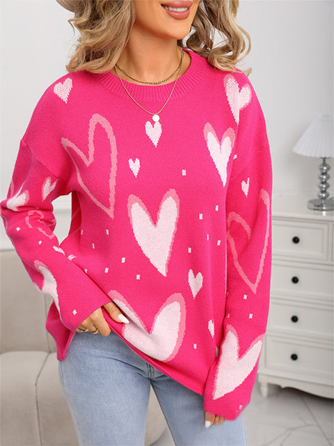 Heart Jacquard Knitted Crew Neck Sweater