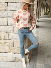 Heart Pattern Crew Neck Knitted Sweater