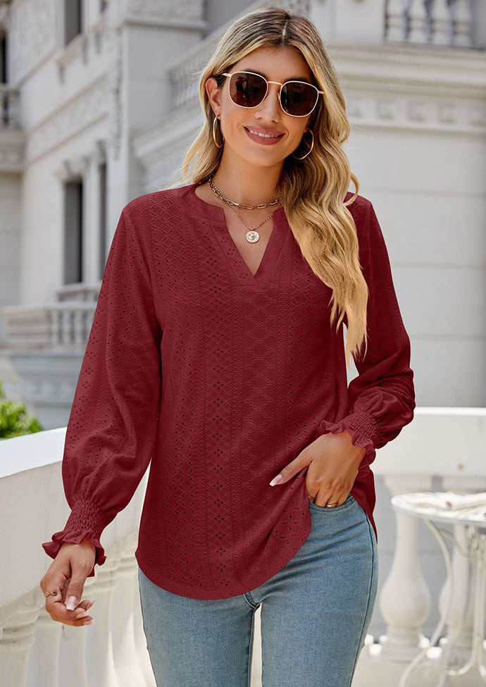Jacquard V Neck Smocked Cuff Blouse