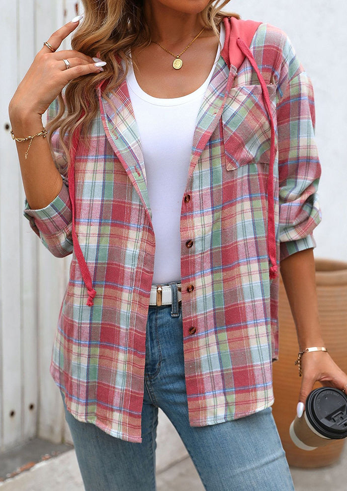 Hooded Pocket Detail Button Up Plaid Shirt