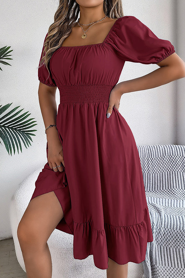 Smocked-Waist Ruffled Hem Midi Dress - Dresses from Cindelily