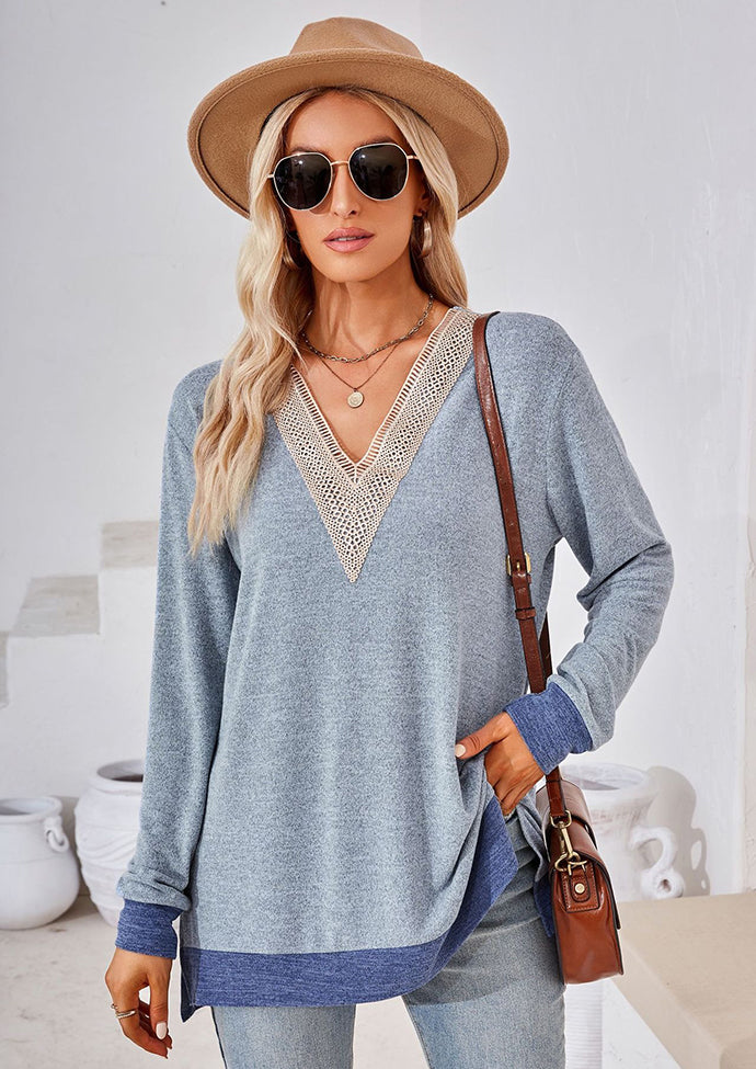 Lace Inset V Neck Side Split Tunic