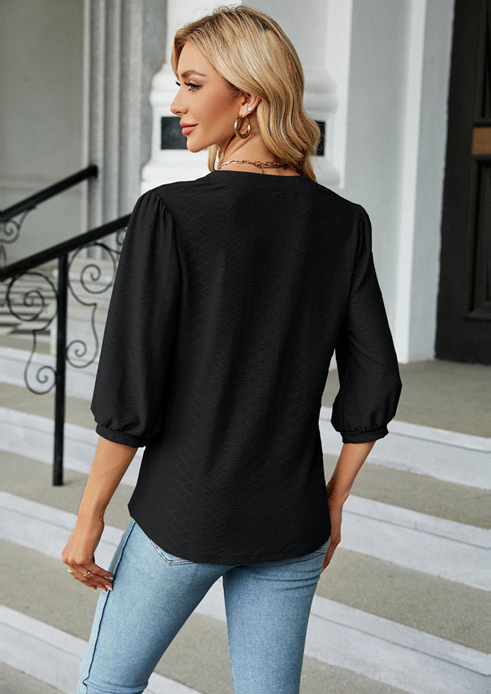 Jacquard Half Sleeve V Neck Casual Blouse