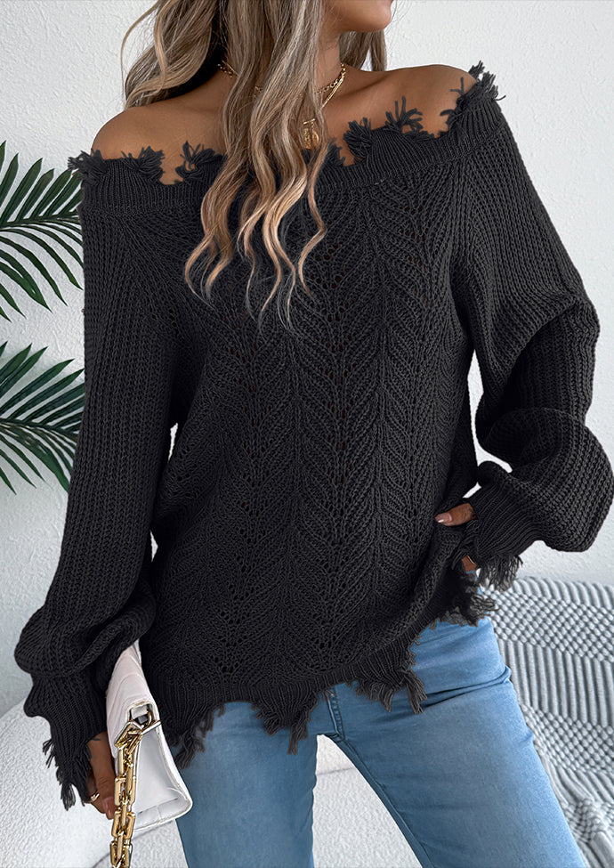 Off the Shoulder Raw Hem Jacquard Knitted Sweater