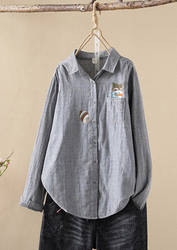 Fox Embroidered Striped Button Up Shirt