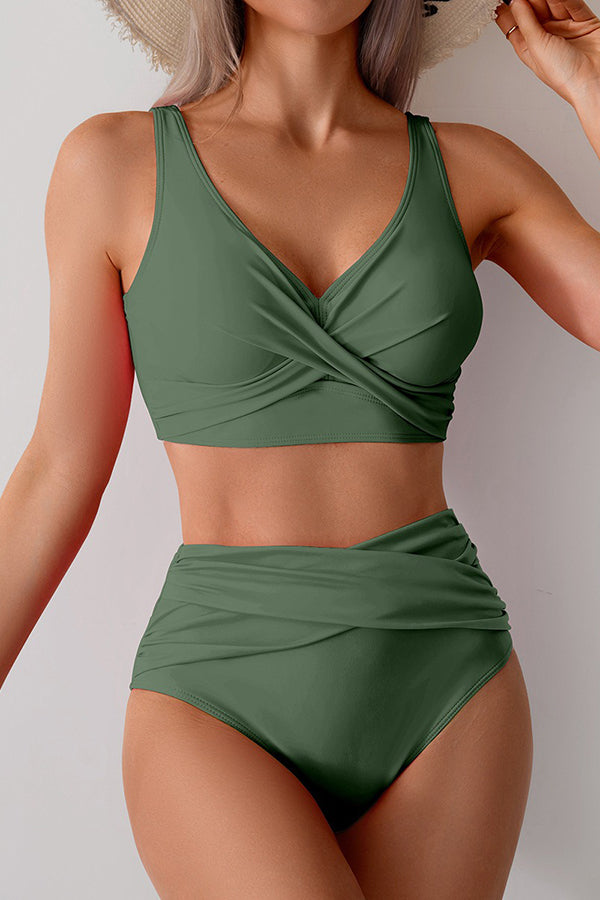 Wrap-Front Crop Top & High-Waist Bottoms Bikini - Swimwear from Cindelily
