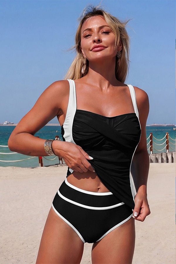 Twist-Front High-Waist Tankini Set Black - Swimwear from Cindelily