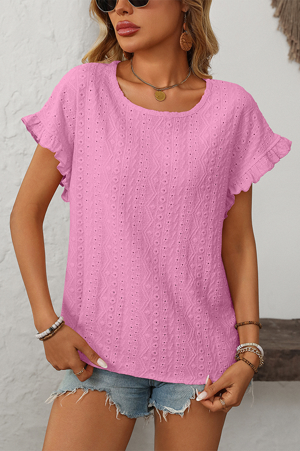 Eyelet Embroidery Ruffled Flutter-Sleeve Blouse - Blouses & Shirts from Cindelily