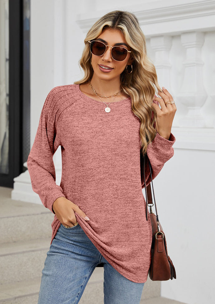 Pleated Long Sleeve Crew Neck Casual T-shirt