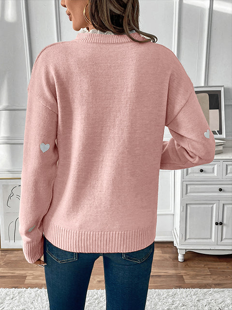 V Neck Lace Splicing Heart Jacquard Sweater