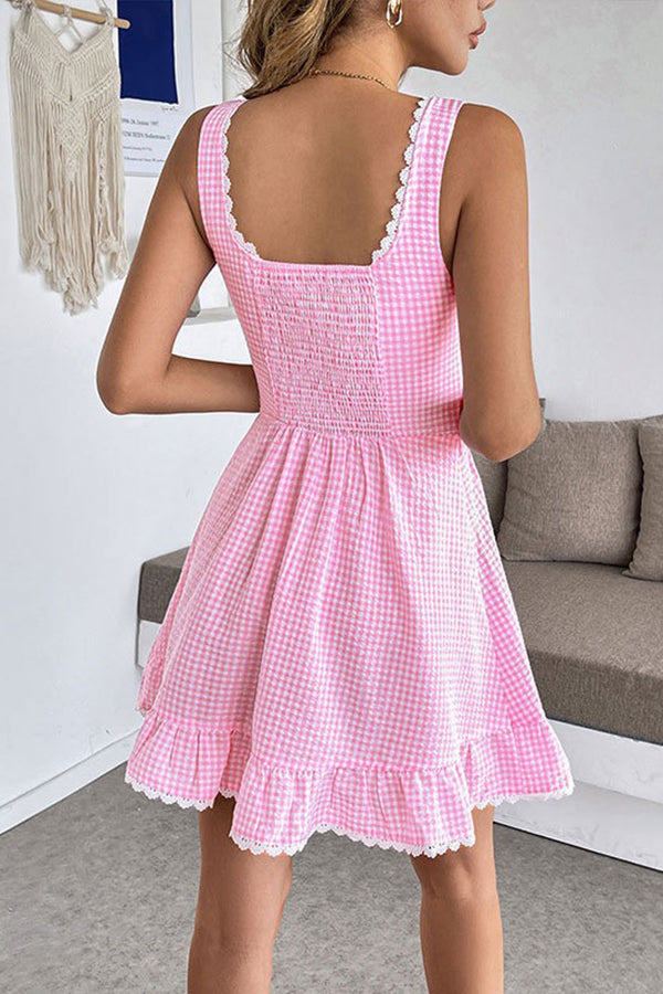 Pink Gingham Lace Trim Cami Mini Dress - Dresses from Cindelily