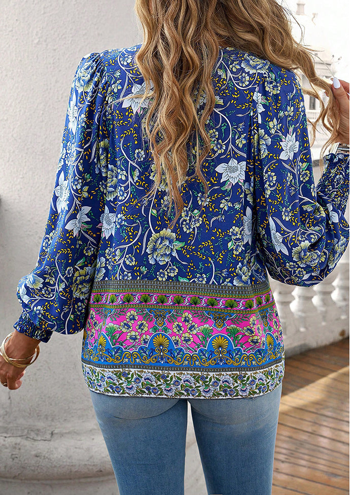 Tie Detail Smocked Cuff Boho Blouse