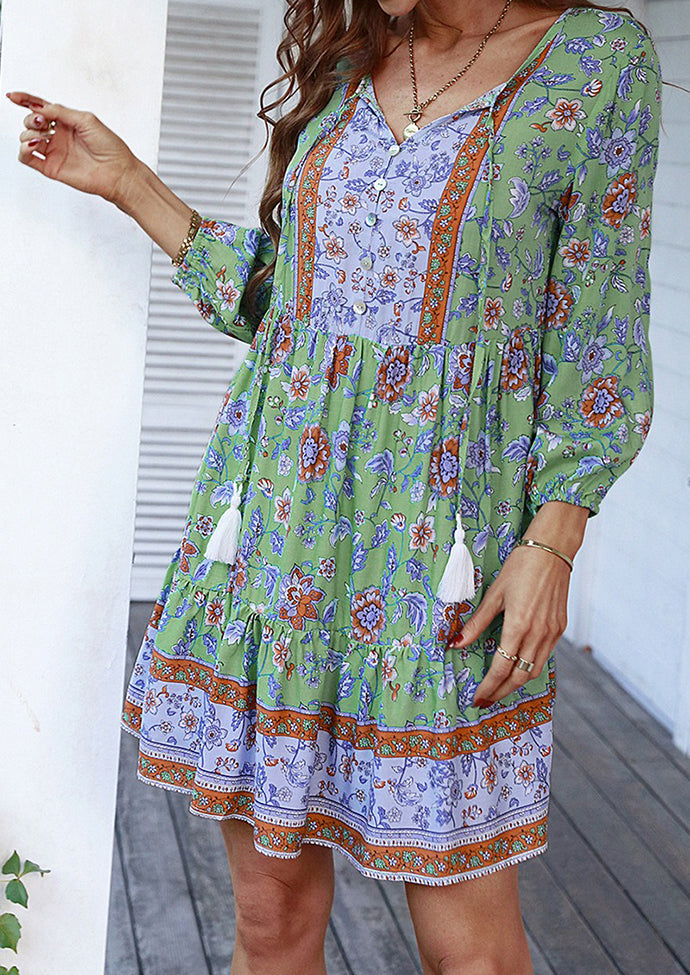 Button Detail Print Boho Mini Dress