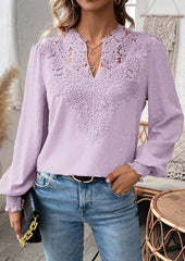 Lace Inset V Neck Long Sleeve Blouse