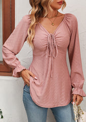 Jacquard Ruched V Neck Long Sleeve Blouse