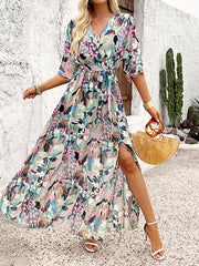 Patterned Side Split Wrap Maxi Dress