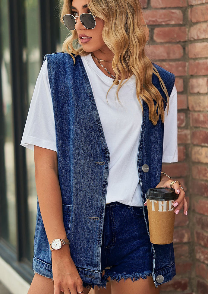 V Neck Button Up Denim Vest with Pockets