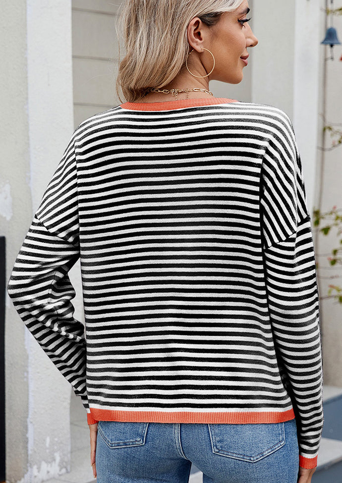 Contrasting Trimmed Striped Knit Sweater
