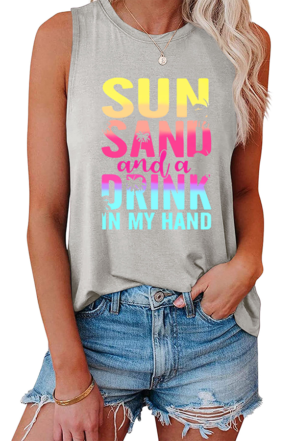 Sun Sand and A Drink Graphic Tank Top Grey - Tops from Cindelily