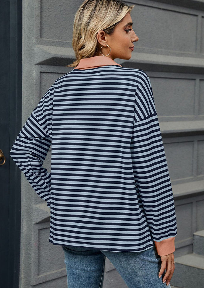 Stripe Color Block V Neck Casual Top