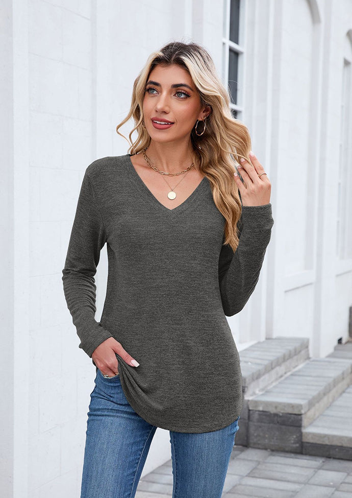 V Neck Long Sleeve Basic Casual T-shirt