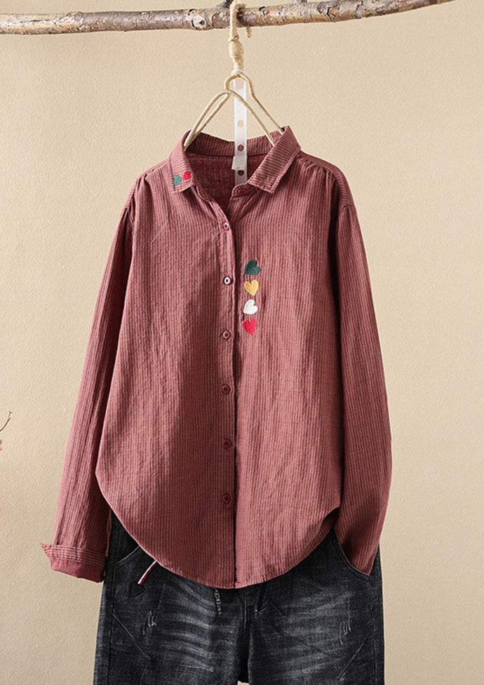 Heart Embroidered Striped Button Up Shirt