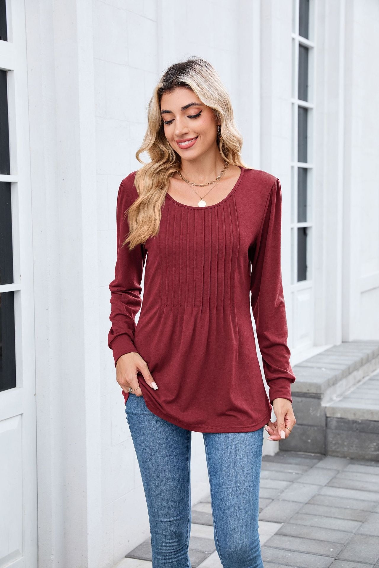 Pleated Crew Neck Long Sleeve Tunic