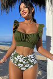 Ruffle 2-Piece High-Waisted Bikini Set Army green - Swimwear from Cindelily