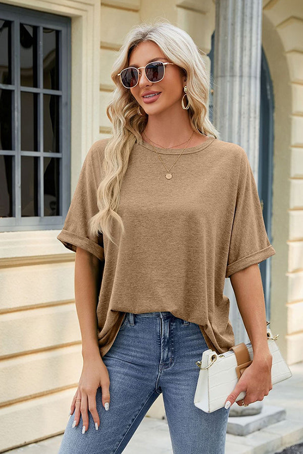 Oversize Crew Neck Short Sleeve T-shirt Khaki - T-Shirts & Tunics from Cindelily