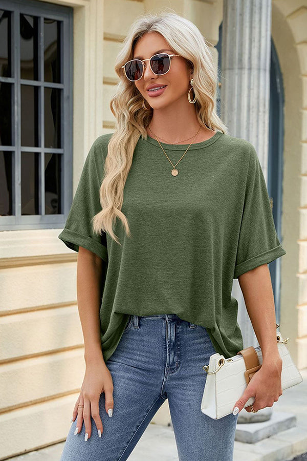 Oversize Crew Neck Short Sleeve T-shirt Olive green - T-Shirts & Tunics from Cindelily
