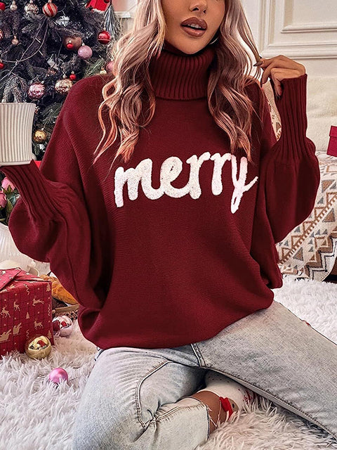 Christmas Jacquard Turtleneck Bat Sleeve Sweater
