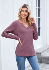 Waffle V Neck Long Sleeve T-shirt