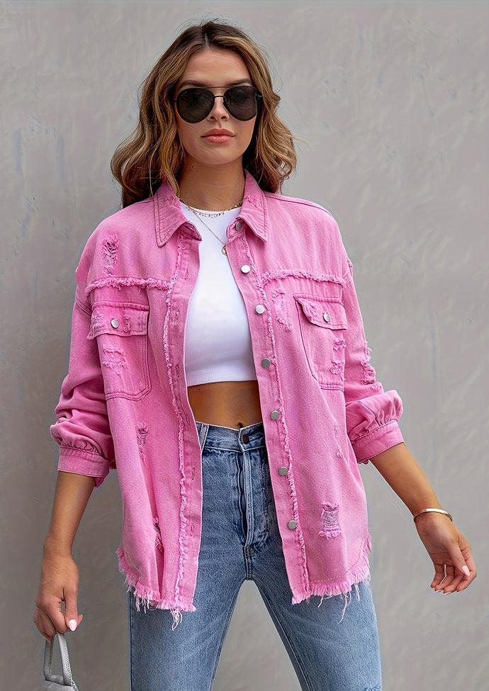Raw Hem Distressed Button Up Denim Jacket