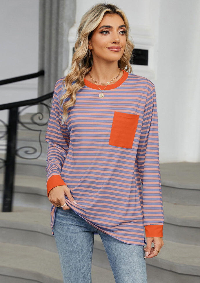Crew Neck Color Block Pocket Detail Striped Top