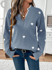 V Neck Lace Splicing Heart Jacquard Sweater