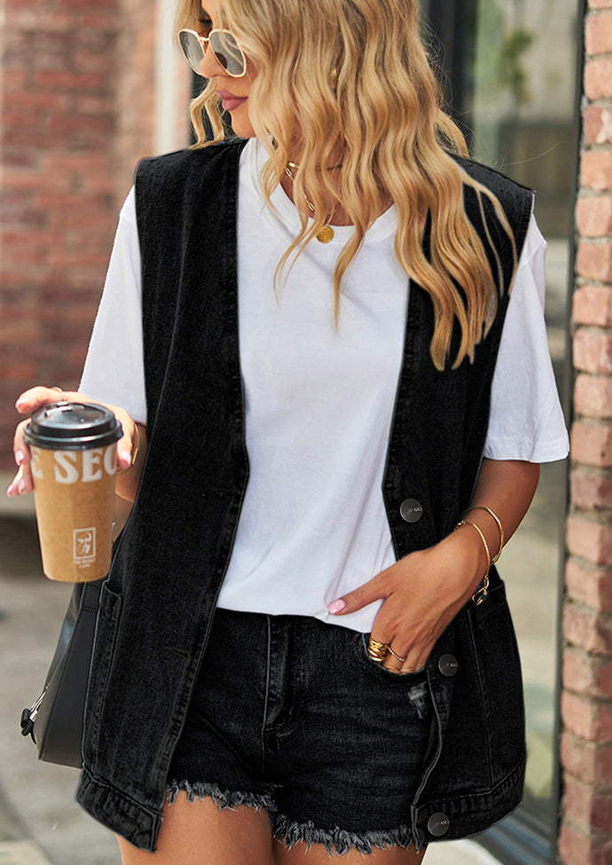V Neck Button Up Denim Vest with Pockets