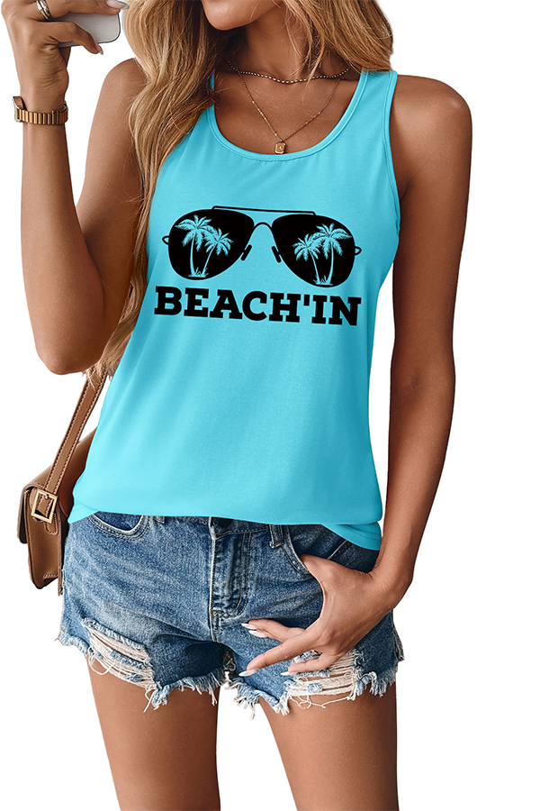 BEACH'IN Graphic Racerback Tank Top Light blue - Tops from Cindelily