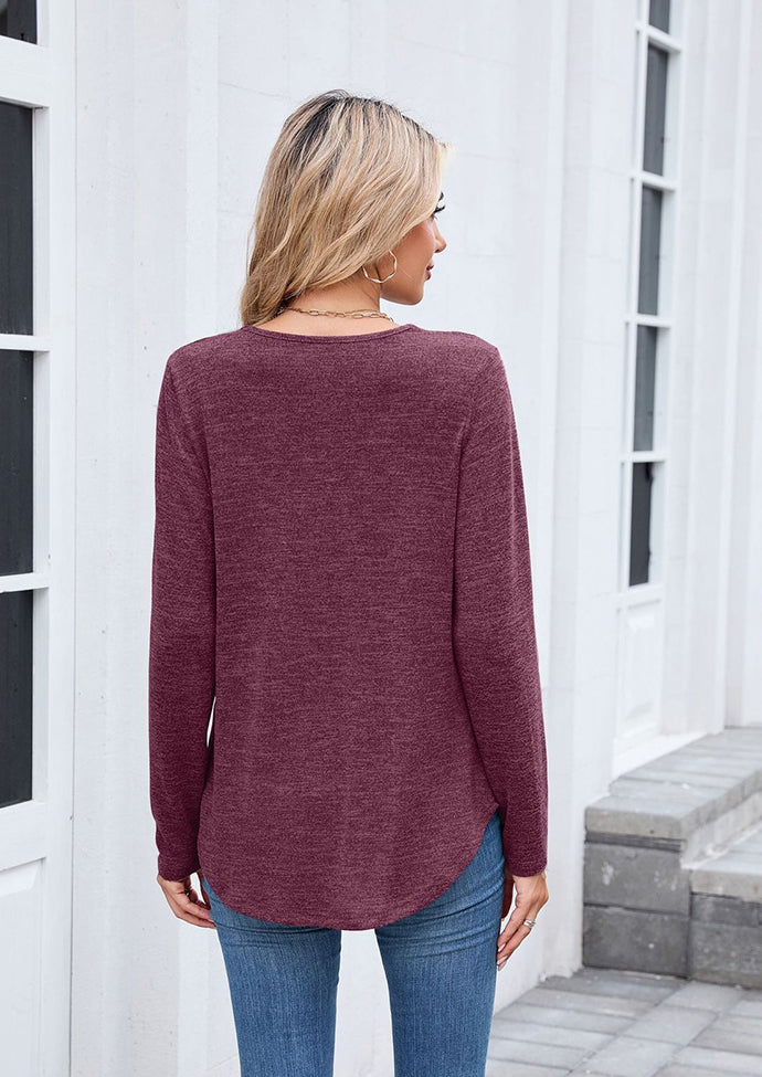 V-neck Pleated Solid Long Sleeve T-shirt