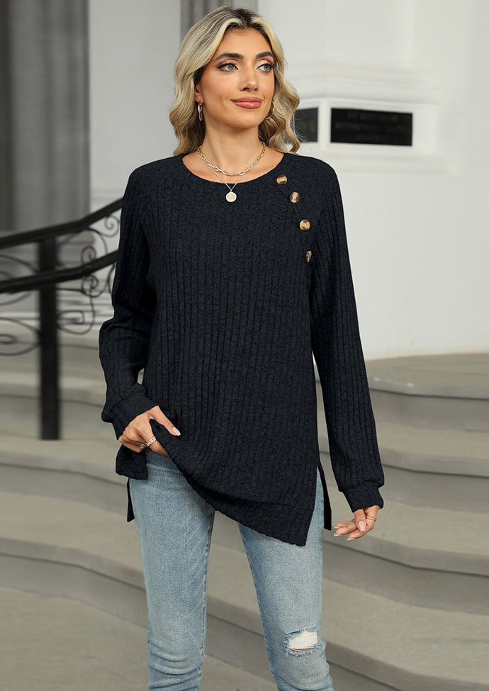 Raglan Sleeve Button Detail Side Split Tunic