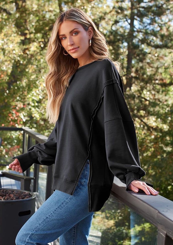 Crew Neck Side Split Casual Sweatshirt