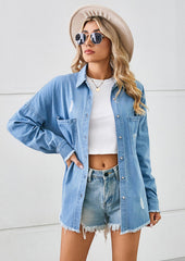 Washed Raw Hem Ripped Denim Shirt