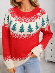 Jacquard Christmas Tree Knitted Sweater-Red