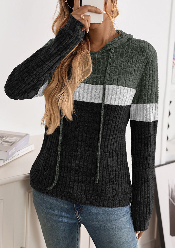 Color Block Casual Hoodie with Front Pocket