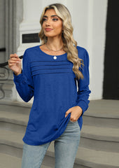 Solid Pleated Long Sleeve Casual T-shirt